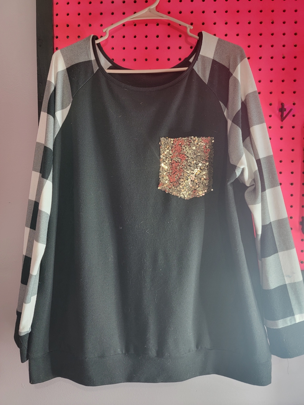 Girls Black Sequin Pocket Buffalo Plaid Sleeve Top